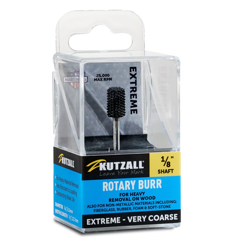 Kutzall Extreme Cylinder Burr, 1â„8" Shaft, Very Coarse - Wood Carving Bit for Dremel, Foredom, DeWalt, Milwaukee. Abrasive Tungsten Carbide, 1â„4" (6.3mm) Dia. X 1â„2" (12.7mm) Length, CX-14-EC - Image 1